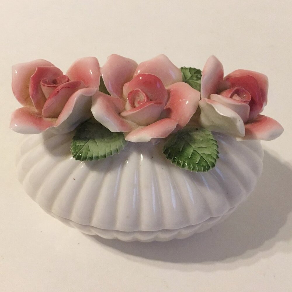 Pink Roses Trinket Jewelry Treasure Box Green Leaves White Porcelain Oval Floral